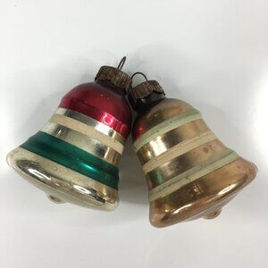Vintage Shiny Brite Bell Christmas Ornaments Striped Silver Gold Red Green White
